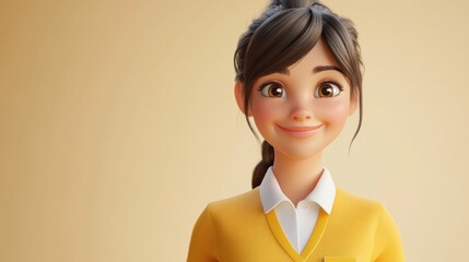 Smiling girl, cartoon style, yellow sweater, pastel background, children's illustration