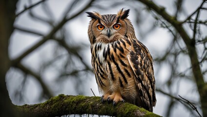 Fototapeta premium Owl sit in a branch tree and looking on the the camera on forest