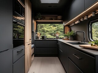 RV kitchen with recessed handles and sleek black finishes
