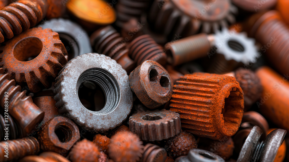 Aufkleber heap of aged and weathered mechanical components, featuring rusted gears, bolts, and nuts, showcases