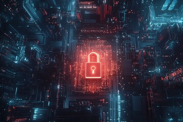 Red padlock on a dark city street with blurred lights in the background during nighttime