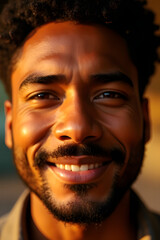 Joyful smile portrait of a young man urban environment close-up photography natural light warm atmosphere positive vibes