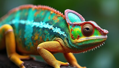 Obraz premium Close-up of bright multicolored chameleon skin. Reptile skin pattern texture, vivid colours. Macro animal, exotic colourful camouflage scales. Nature background. Detailed fauna, gecko lizard