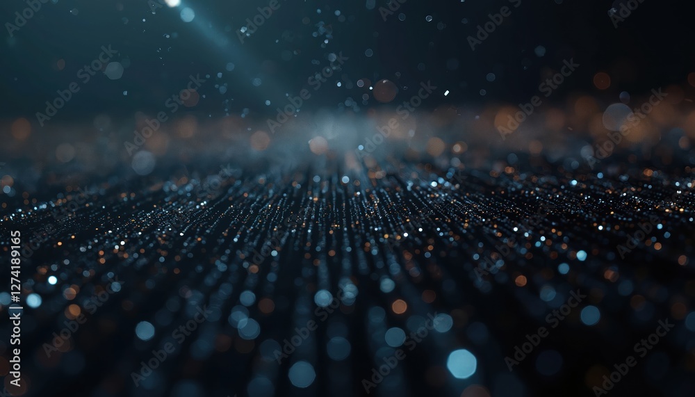Fototapete Tech background with depth of field effect. Three dimensional small dots system datum, lines of digital data transfer, computer code, encryption for secure comms, network connection, abstract