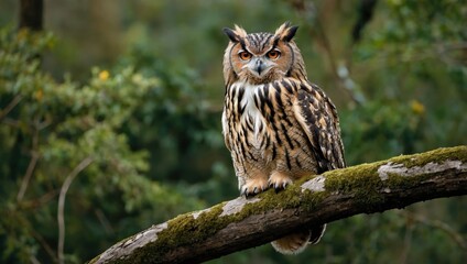 Obraz premium Owl sit in a branch tree and looking on the the camera on forest