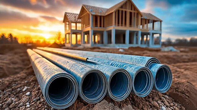 A row of sturdy pipes lies in front of a wooden frame house in progress. Concept of essential materials and ongoing construction.