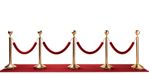 A red carpet with velvet red ropes on golden posts at each end, front view, against a transparent background. Generative ai