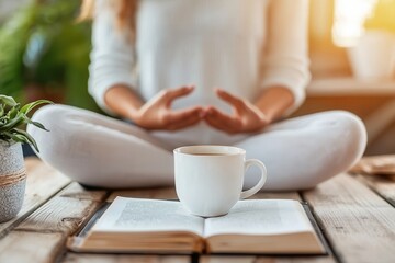 Self-care routine wellness habit. A serene setting with a person meditating, a cup of tea or coffee on an open book, creating a peaceful atmosphere for mindfulness and relaxation.