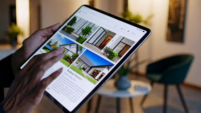 Close up slow motion view of a real estate agent using a tablet to browse property listings, showcasing modern technology in the real estate industry - Powered by Adobe