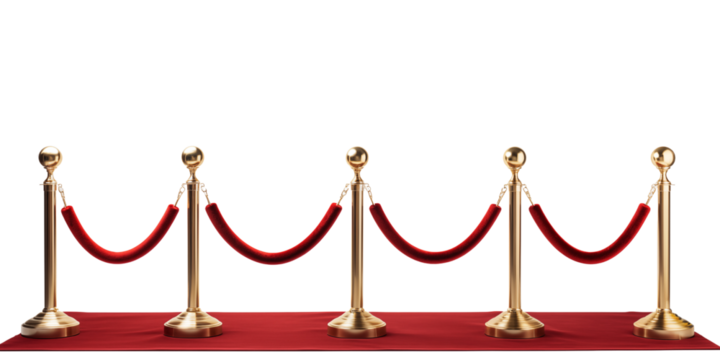 A red carpet with velvet red ropes on golden posts at each end, front view, against a transparent background. Generative ai