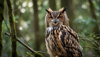 Naklejka premium Owl sit in a branch tree and looking on the the camera on forest
