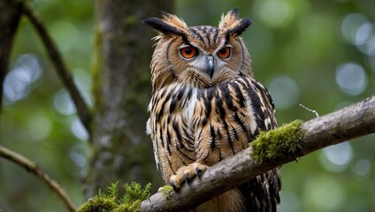 Owl sit in a branch tree and looking on the the camera on forest