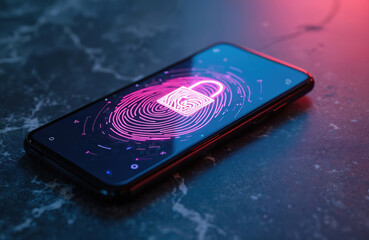 Smartphone with pink fingerprint scan, padlock icon displays phone security. Digital access concept. Mobile safety system, datum protection, biometric privacy, cyber crime prevention, identity