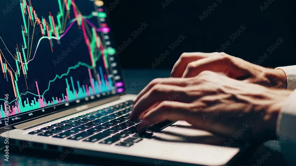 Poster close up slow motion of male hands typing on a laptop keyboard with stock market charts displayed on