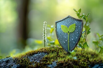 Shield with a green plant growing out of it representing nature and protection concept