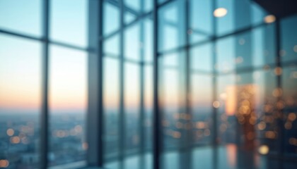 Blurred glass wall office building background modern business center. Abstract windows with blue tint, bokeh lights. Corporate interior, clean workplace concept architecture, finance, tech vision.
