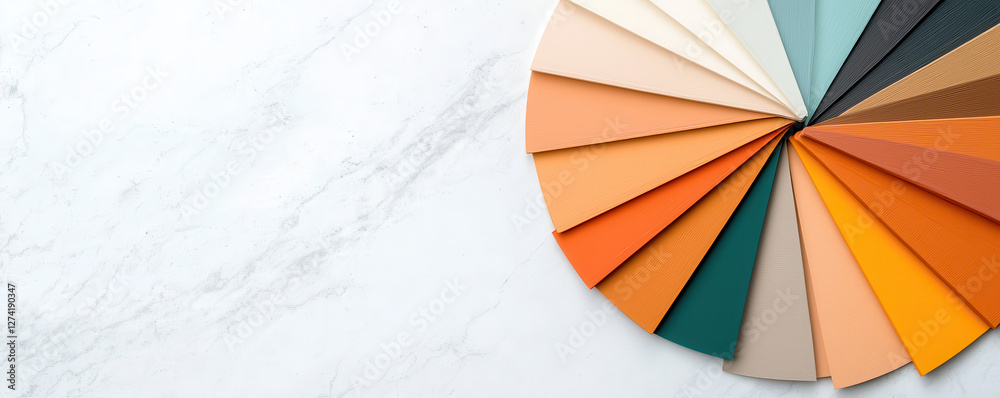 Poster selection of modern paint swatches arranged in visually appealing gradient on marble surface. swatch