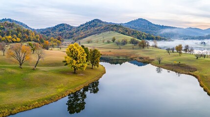 Fototapeta premium Serene sunrise over mountain lake nature photography autumn landscape