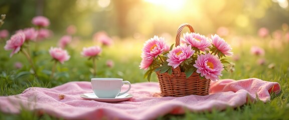 Pink peonies flowers in wicker basket, cup on pink blanket at meadow. Summer picnic at backyard, outdoors rest, relaxation. Romantic weekend concept, healthy lifestyle. Nature aesthetic, holiday