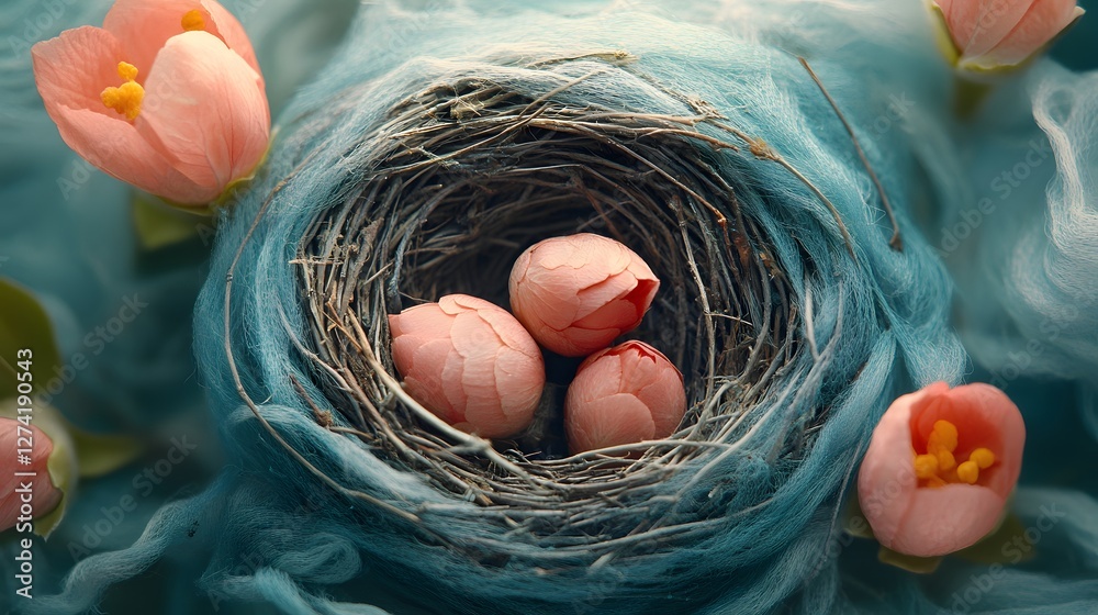 Poster close-up of a bird's nest with three pink eggs and delicate pink flowers. serene and peaceful atmosp