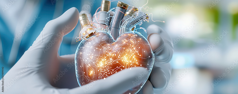 Aufkleber gloved hand holds futuristic artificial heart with glowing circuitry, symbolizing advanced medical t