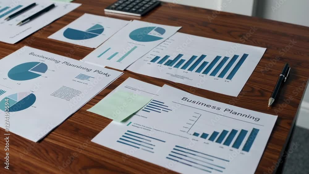 Poster business planning documents with charts, graphs, and sticky notes are laying on a wooden desk with a