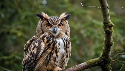 Owl sit in a branch tree and looking on the the camera on forest