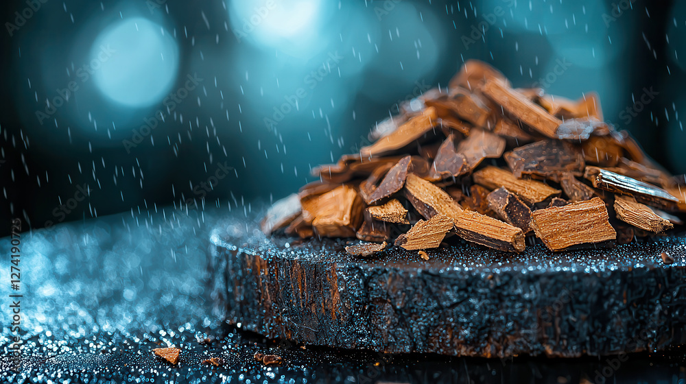 Leinwandbilder close up of dried wood chips on dark surface with water droplets, creating textured and atmospheric 