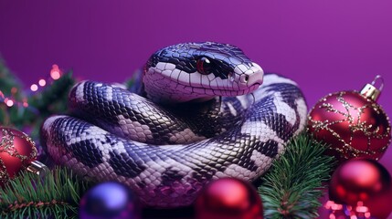 Obraz premium On a festive background, metallic snakes intertwined with purple holiday ornaments