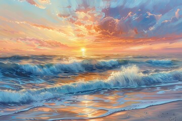 Majestic waves rolling in as sunset creates a vibrant sky filled with colors over a peaceful ocean landscape