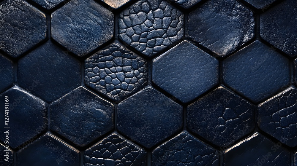 Poster Dark blue hexagonal leather textured background. Abstract geometric pattern. Abstract Hexagonal Dark Blue Leather Texture Background