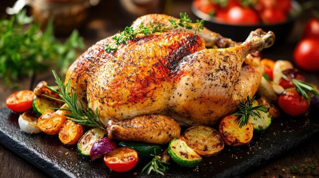 A perfectly cooked roast chicken with vegetables and gravy on