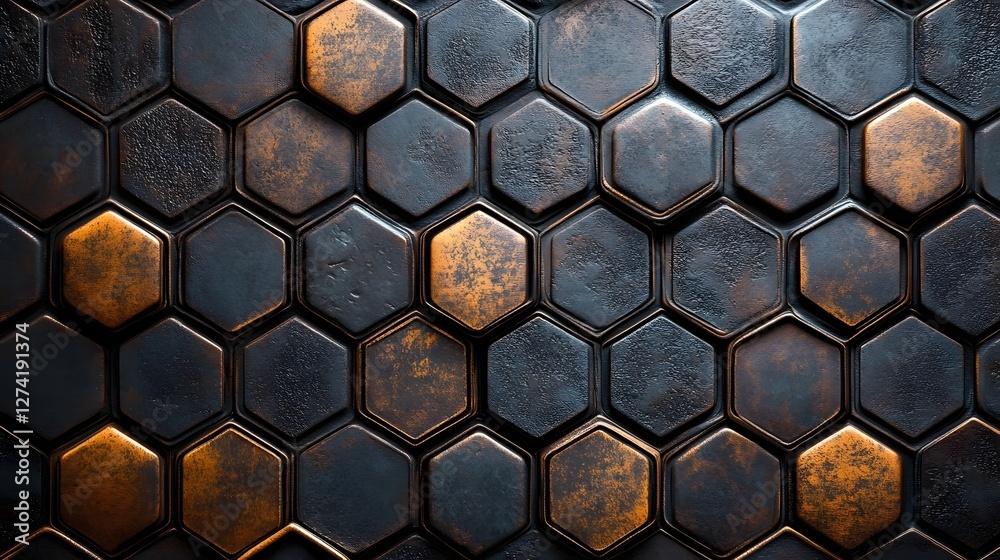 Aufkleber Dark and copper metallic hexagons create an abstract background. Geometric pattern for design. Abstract Hexagon Pattern: Dark and Copper Metal Texture