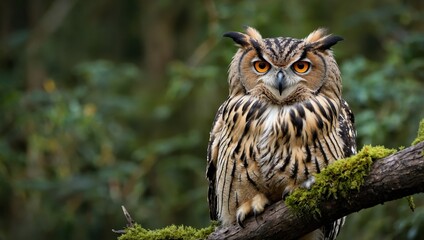 Fototapeta premium Owl sit in a branch tree and looking on the the camera on forest