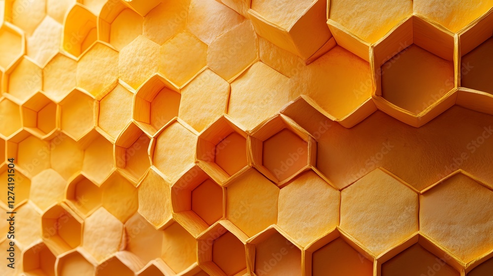 Aufkleber Close-up view of an abstract honeycomb pattern. Golden hexagons create a textured, geometric design. Abstract Honeycomb Structure: Golden Hexagonal Pattern