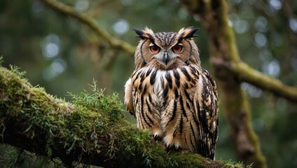 Owl sit in a branch tree and looking on the the camera on forest