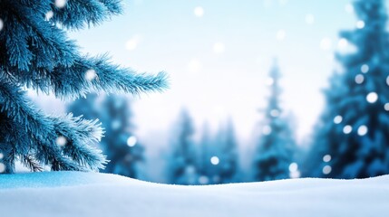 A serene winter landscape featuring snow-covered ground and evergreen trees