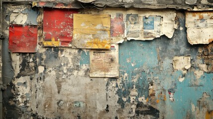 Naklejka premium Weathered wall with peeling posters and vibrant colors, showcasing urban decay in a city setting