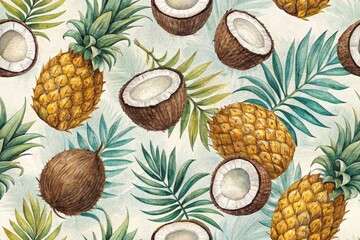 Vibrant Tropical Pattern Featuring Pineapples and Coconuts Surrounded by Lush Green Leaves