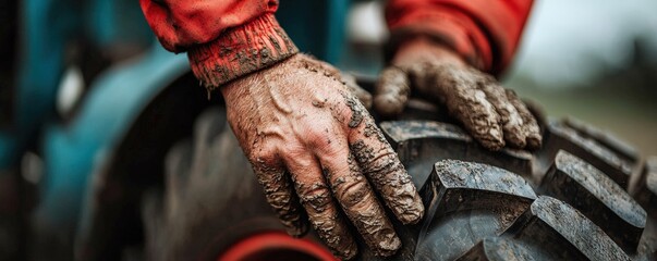 Farmer cleans tractor wheel closeup rural environment action shot