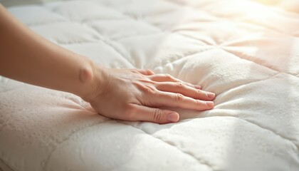 Woman hand touches soft light mattress. Comfy ergonomic mattress for domestic bedchamber. Clean surface of luxury household furniture promotes health, relaxation, sleep. Choose quality upholstery,