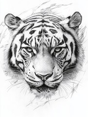 Intricate black and white tiger drawing with detailed fur and intense gaze