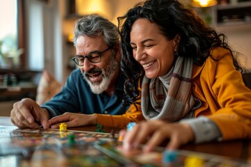 Fototapeta premium Portrait of a blissful mixed race couple in their 40s playing a board game