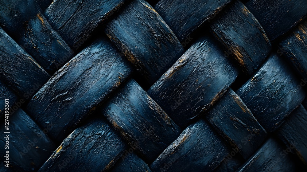 Poster Close-up view of a dark blue woven texture. Intricate pattern and deep colors. Dark Blue Woven Texture: A Study in Deep Hues and Intricate Patterns