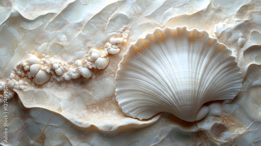 Aufkleber Close-up of a carved seashell on an alabaster surface. The image showcases intricate textures and elegant forms. Sculptural Seashell on Alabaster: A Study in Texture and Form