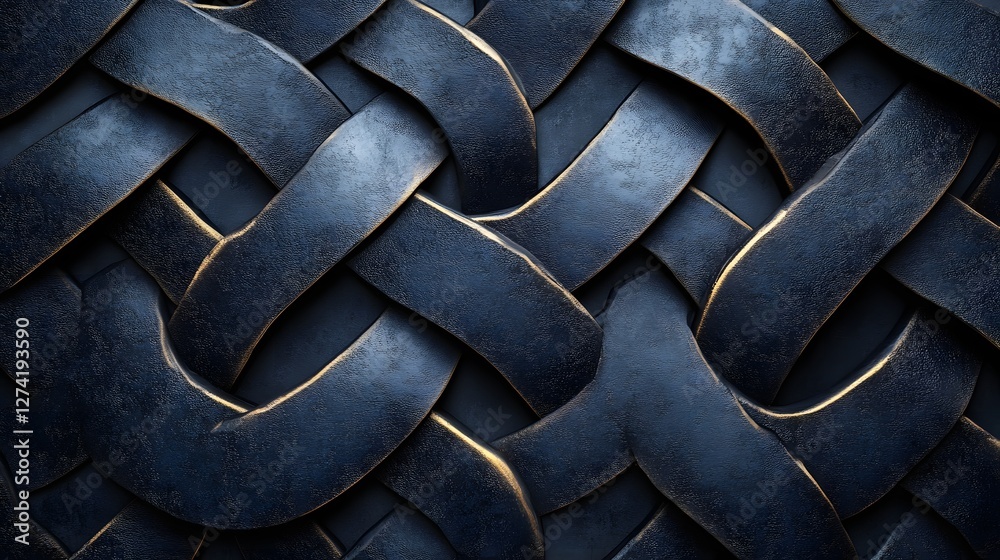 Poster Close-up view of an abstract metallic texture with dark blue and gold tones. The intricate pattern creates a visually engaging surface. Abstract Dark Blue and Gold Intertwined Metal Texture