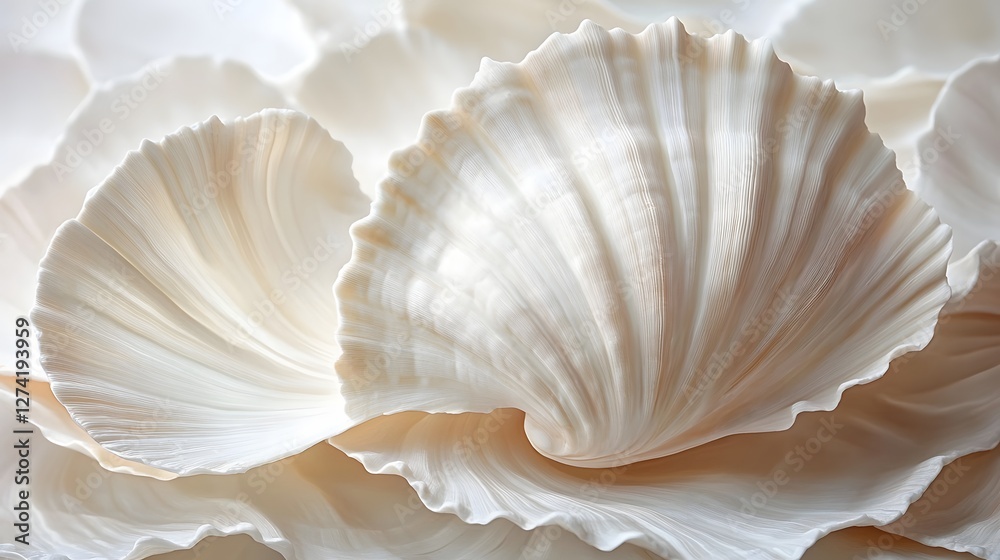 Poster Close-up of delicate, creamy white seashells, showcasing their intricate textures and soft light. Peaceful and serene atmosphere. Serene Seashells: A Close-Up Study of Elegant Shell Textures