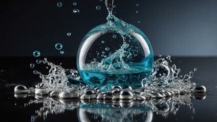 Colorful water drops, ice cubes in a glass on the table