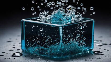 Colorful water drops, ice cubes in a glass on the table