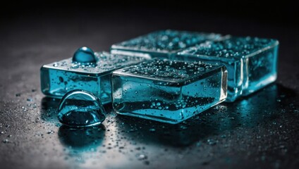 Colorful water drops, ice cubes in a glass on the table